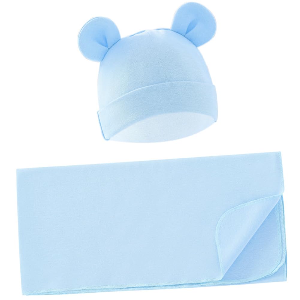 Exemaba Unisex Baby Swaddle Blanket with Hat Set Newborn Swaddle Receiving Blankets Sleep Sack for 0-3 Months Boys Girls(Light Blue)