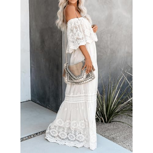 Image of Cercis Womens Off The Shoulder Floral Lace Maxi Wedding Dress Boho Flowy Wedding Guest Formal Long Dresses