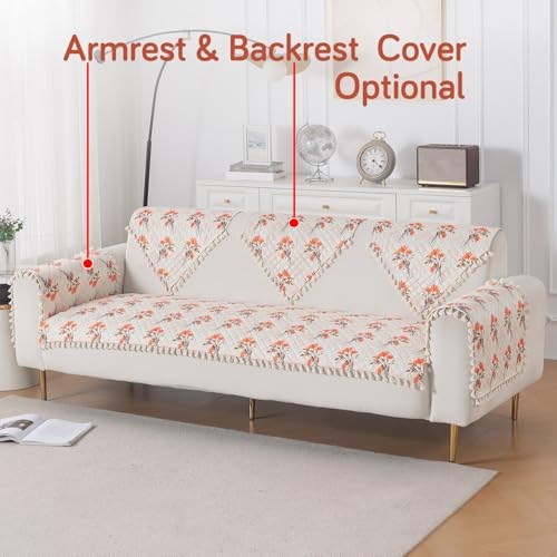Image of HOKIPO Autumn Blossom Quilted Sofa Cover Mat for 3 Seater Sofa with Tassels 'Tassel Twigs' Series (IN-985-T5)