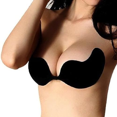 FLORATA Ladies Sexy Reusable Invisible Strapless Self Adhesive Push-up Bra Stick On Gel Backless Silicone Bras for Women, Mango Black, C