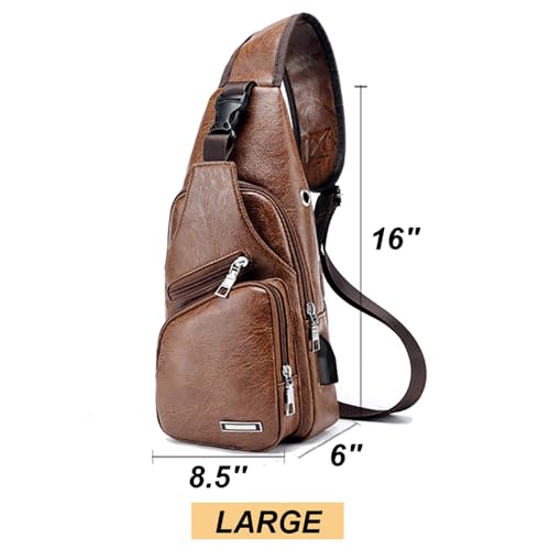 Peicees Pack of 2 Large&Medium Leather Sling Bag Mens Crossbody Bag Chest Bag Sling Backpack for Men with USB Charge Port, Classic Black Large & Vertical Zipper Black Medium2