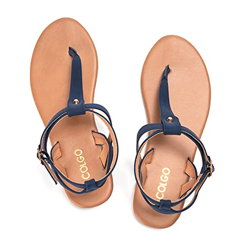 Colgo Thong Flat Sandals, Casual T Strap Dress Sandals, Adjustable Ankle Buckle Dress Thong Sandals With Strappy For Women Summer Wedding (Blue/Sdl,12) #TOP3