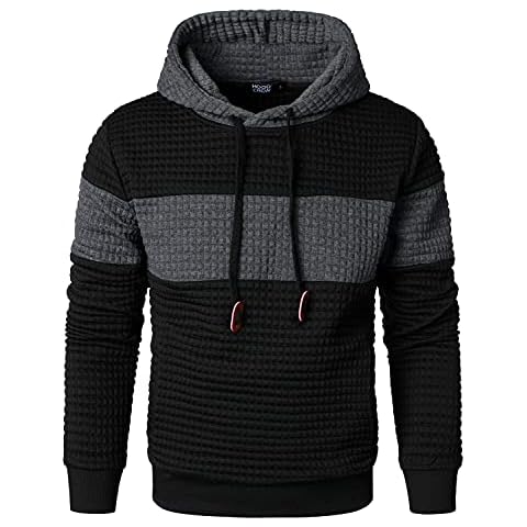 HOOD CREW Men’s Sweatshirts Long Sleeve Pullover Patchwork Plaid Jacquard Hoodie Casual Drawstring Hoody Top Black L Cover