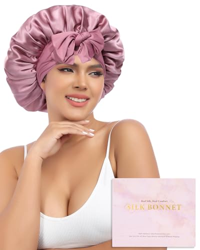 AWAYTR Silk Bonnet for Sleeping Women 100% Mulberry Silk Bonnet with Band 2 Layer Reversible Hair Bonnet Sleeping Hair Wrap (Silk, Dust rose/Pink)