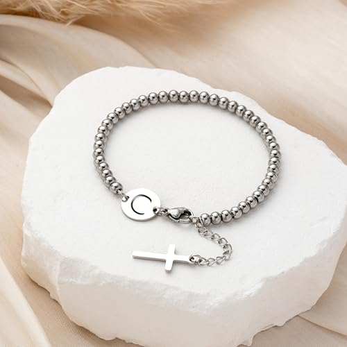 Image of Initial Cross Silvery Bracelets for Women Trendy, Initials Cross Charm Beaded Bracelet, Christian Gifts for Women, Baptism Confirmation Christmas Inspirational Gifts for Mom Daughter Friend Sister
