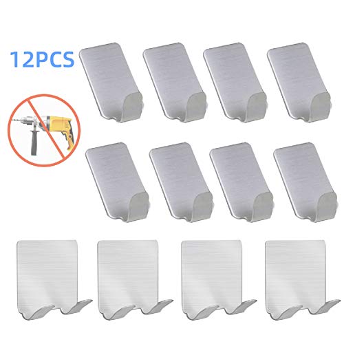 Ganchos Adhesivos para Pared (12 Piezas), Ganchos de Pared Autoadhesivos de Acero Inoxidable, Gancho Autoadhesivo Toallero Perchero para Cocina y Baño(5 KG Max)