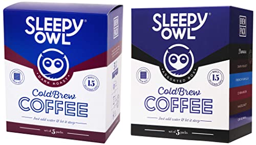 Image of Sleepy Owl Assorted Cold Brew Packs, 5 X 250 g & Coffee Dark Roast Cold Brew Combo | 3 Step Brew - No Equipment Required | 100% Arabica Beans - Sourced Directly from Farms (Pack of 5)