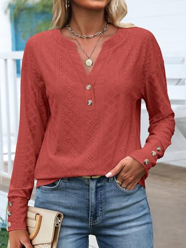 ANRABESS Womens Eyelet Tops Long Sleeve Henley Shirts Business Dressy Casual Blouse Vacation T-Shirt 2025 Fall Outfits
