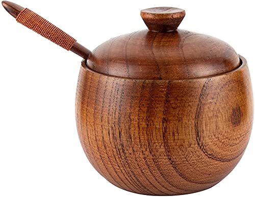 PAREKS Caja de sal de madera, tarro de especias con cuchara y tapa, contenedor de almacenamiento de condimentos, herramienta de cocina