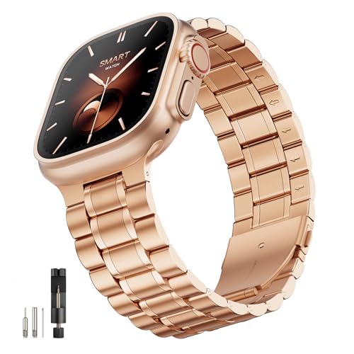 Image of Bestig Compatible with Apple Watch Bands for Men Women 40mm 38mm 41mm 42mm(Series 11 10),Premium Solid Stainless Steel Metal Business Wristband Strap for iWatch Series 10 9 8 7 6 SE 5 4 3 2 1,RoseGold