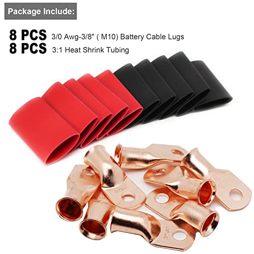 Image of TKDMR 8pcs 3 /0 AWG-3 /8 inch Battery Lugs,Copper Wire Lugs,UL Listed Heavy Duty Battery Cable Ends,Tubular Ring Terminals,AWG Crimp Wire Ring Lugs,Battery Terminal Connectors with 3:1 Heat Shrink Tubing