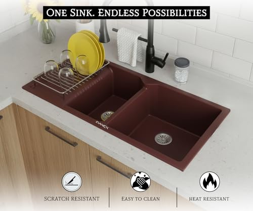 Image of EVANEX Quartz Sink for Kitchen|45x20x9 inch Double Bowl Kitchen Sink with Drain Board|Matt Finish|Brown Quartz Kitchen Sink with Sink Connector, Waste Pipe, Coupling and Drain Basket