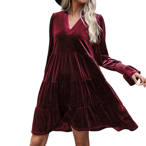 Women's Velvet Long Sleeve Dress Fall Casual V Neck A Line Babydo...