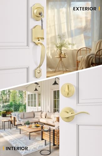 Image of Goldenwarm Front Door Handle and Deadbolt Set, Gold Front Door Lock Set with Reversible Handle Lever, Classic Brass Front Door Hardware, Front Door Handles and Locks