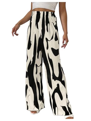 GORGLITTER Women's Gaucho Graphic Pleated Dress Pants Wide Leg Elastic Waist Elegant Trousers