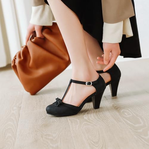 Image of Elbslutt Women's Cute Retro Rockabilly Shoes T Strap Mary Janes Heels Chunky Cosplay Shoes Sweet Block Heeled Bow Pumps
