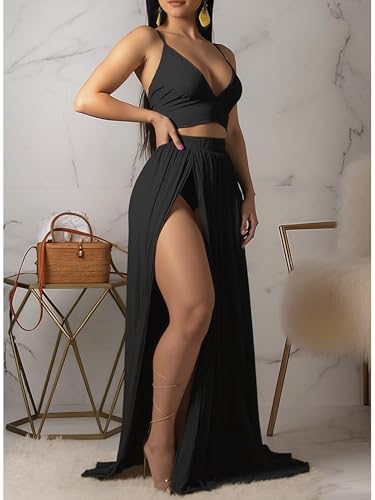 Image of Women Sexy 2 Piece Outfits Dress Chiffon Strap Deep V Neck Bra Crop Top High Split Maxi Dresses Skirt Set