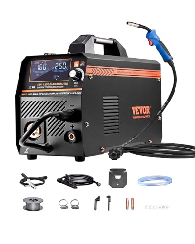 VEVOR Macchina Saldatrice MIG Corrente Uscita 160 A, Saldatrice MIG Sinergica Multiprocesso Portatile Saldatrice MIG Senza Gas Gas MMA Lift TIG 4 in 1 con Tecnologia Inverter IGBT, Schermo LCD
