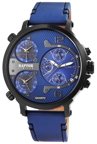 Raptor Limited Herren Armbanduhr Leder – 3 Zeitzonen, 24h Anzeige, Tachymeter, Datum & Wochentag – Analog Uhr für Männer, Business & Freizeit (Blau/Schwarz)