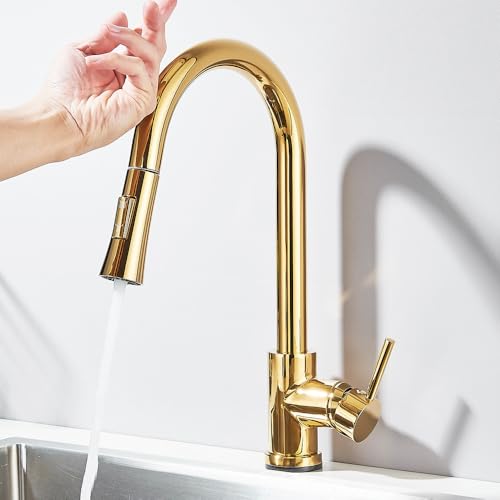SEPZPRDM Smart Touch Sensor Kitchen Faucets Sensitive Smart Touch Control Faucet Mixer Tap Pull Out 360 Rotation Sensor Faucets,Shiny Gold