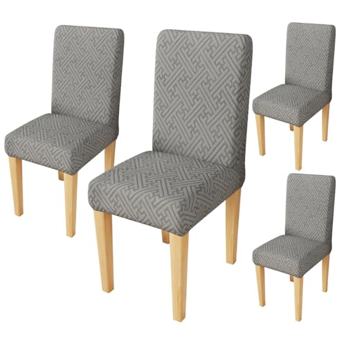 Image of Lukzer Elastic Dining Chair Cover - 4PC Pastel Dark Grey Grid Maze | Textured High Stretch Jacquard Seat Cover | Removable Washable Short Dining Chair Cover Protector Seat Slipcover | (CC-104-4)