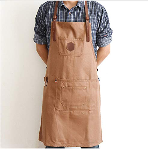 ZHAOHH Delantal Largo de Lona marrón Correa de Cuero Barista Bartender Baker Catering...