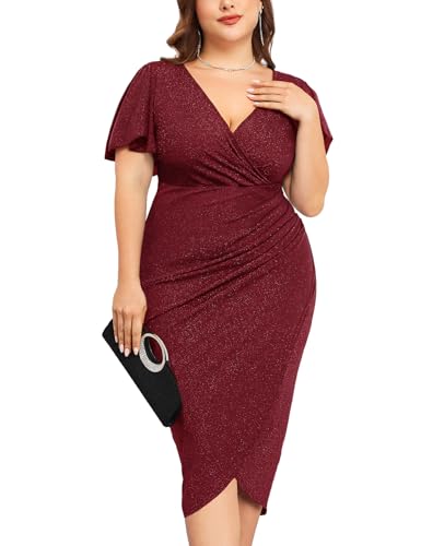 Image of ZOMVA Plus Size 0X-4X Sparkly Glitter Ruched Bodycon Midi Dress Sparkle Sequin Wrap Ruffle Sleeve Dress Cocktail Party Formal