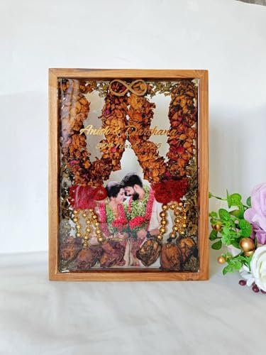 Image of Pinewood Handcrafted Varmala Preservation Frame with Acrylic Base | Wedding Garland Resin Art Frame | Anniversary & Wedding Gift for Couples (12x16)