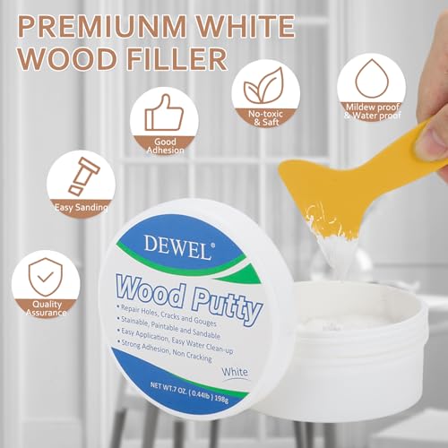 DEWEL Holzkitt Reparaturset - Holzkitt Weiss 200 g Reparaturspachtel Wasserbasis - Löchern und Rissen