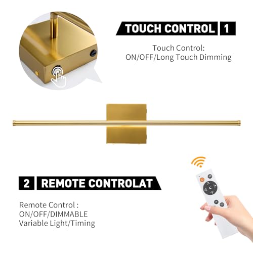 Image of Battery Operated Wall Sconces Set of Two Wireless with Remote Control,350Rotate,3000K-6000K Gold Modern LED Rechargeable Indoor Wall Lights for Living Room,Bedroom,Stairs,27.5 Inch (2 Pack)