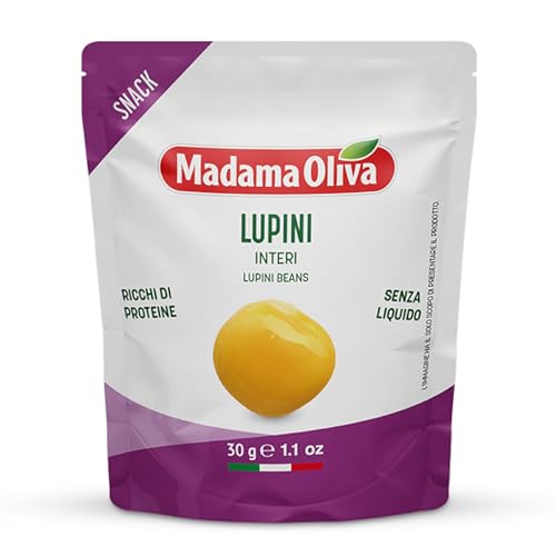 MADAMA OLIVA, Lupini, Ottimo Snack per Aperitivi, Ideale per le Insalate Miste e nelle Minestre, Senza Conservanti Aggiunti, 100% Made in Italy, Pratica Busta in Alluminio da 30 gr
