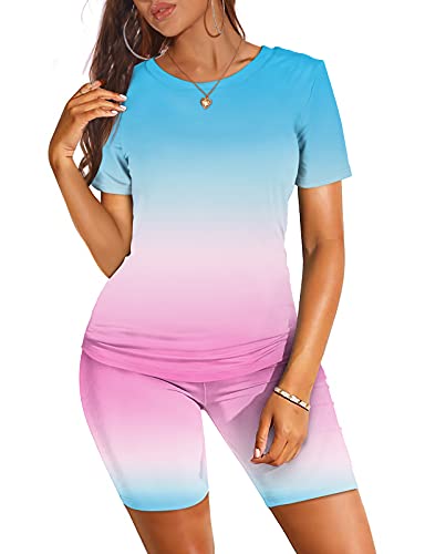 2pc Short Sets Outfits Women Summer Round Neck Athletic Workout ...