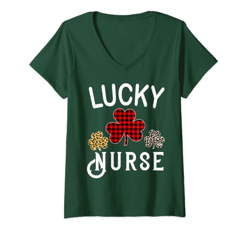 Mujer One Lucky Nurse Gift St Patrick's Day Shamrock Leopard Plaid Camiseta Cuello V