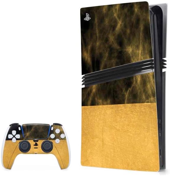 Skinit Decal Gaming Skin Compatible with PS5 Pro Bundle - Black and Gold Split Marble Design