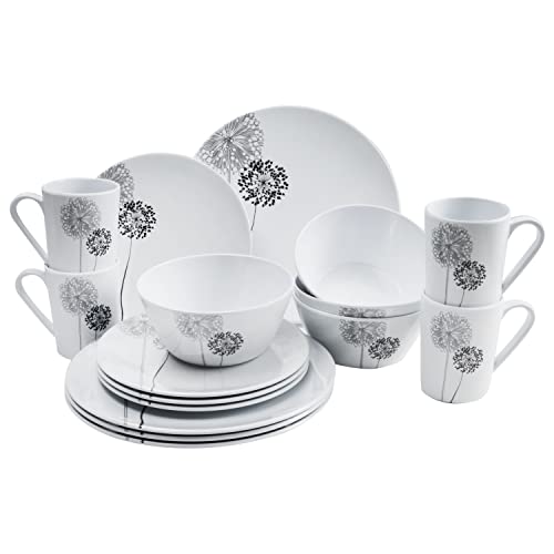 Melamin Geschirr Set 4 Personen - 16 Teile - ideal für Camping je 4 Teller 4 Dessertteller 4 Schale 4 Becher weiß/schwarz rund Essgeschirr Campinggeschirr modernes Melamingeschirr