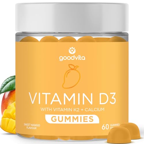 Goodvita Vitamin D3 + K2 + Calcium Gummies x60 | D3 (4000 IU) K2 MK-7 (100 g) + Calcium (500mg) | Sweet Mango Flavour | 2 Months Supply | Supports Skin Bones Teeth Immunity | UK Formulated | Vegan