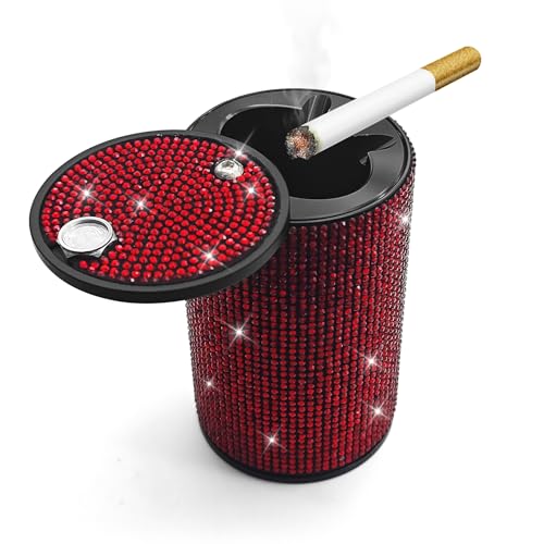 Rebvugr Bling Car Ashtray, Ashtray with Lid, Portable Sparkling Mini Ash Tray Cup Holder, Automotive Interior Accessories Multifunctional Smell Proof Ash Tray Fit for Car Home Office (Red)