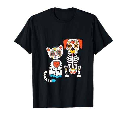 Halloween Dia de Los Muertos Sugar Skull Squelette Chiens & Chat T-Shirt