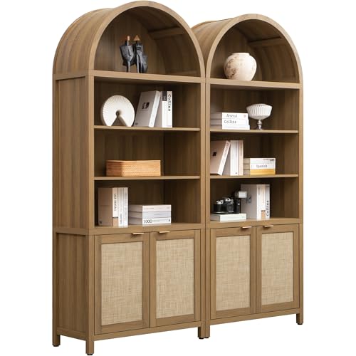 Image of SICOTAS 84.2 inch Tall Arched Bookcase with Doors - 5 Tier Rattan Bookshelf