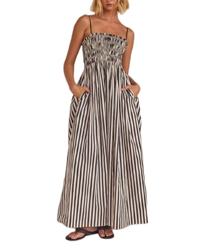 Image of NUFIWI Women Summer Striped Maxi Dress Spaghetti Strap Cutout Ruffle Long Dress Flowy Swing Beach Vocation Dress