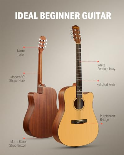 Donner Akustik Gitarre 4/4 Anfänger Erwachsene Akustikgitarre Cutaway Einsteiger Kit 41 Zoll voller Größe Gitarren Starter Mahagoni Fichte mit 6 Saiten Tasche Capo Plektren Gurt