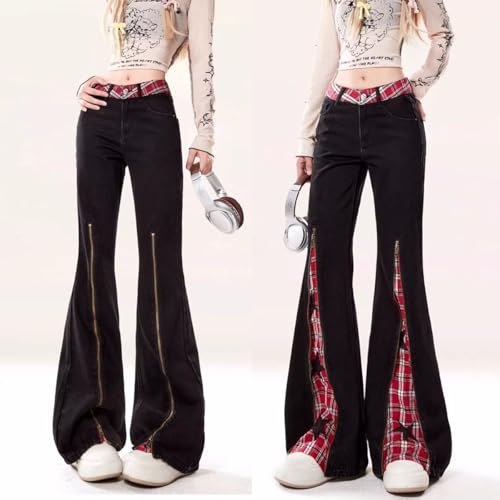 Gothic Fashion Womens Jeans Y2K Casual High Waist Straight Star Plaid Spliced Zipper Leg Flared Denim Pants2