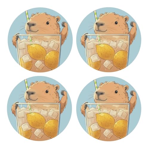 BoltPack Bonito posavasos redondo con diseño de Capybara con base de corcho, juego de 4 posavasos, tapete de protección de mesa para tazas y tazas