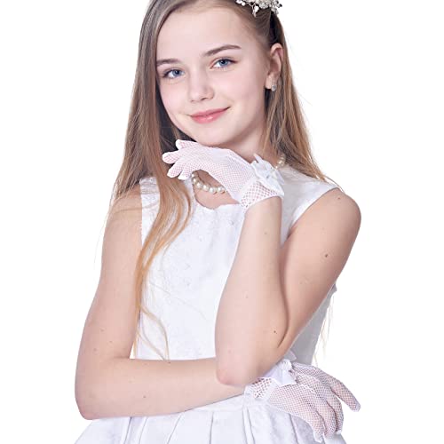 JenPen 3 Pairs Girl Net Lace Gloves Tea Party Costume Kids Princess Gloves Bow Tie Mittens for Communion Pearl Dress for Wedding Pageant Girls Aged 4-162