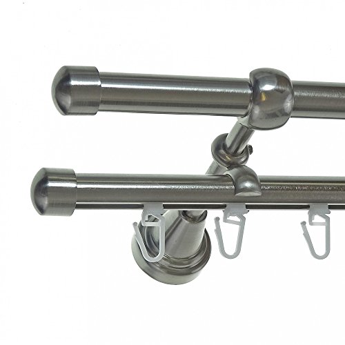 BASIT Gardinenstange doppelläufig Wandmontage 240cm lang Edelstahl Look Metall Gardinenstange 2 läufig Wandbefestigung Ø16mm I H14+I Silber glänzend Hartverchromt