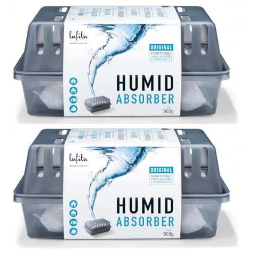 Lafita Lot de 2 déshumidificateurs 900 g – 2 récipients avec 4 recharges – Parfum neutre – Granulés – Absorbeur d'humidité