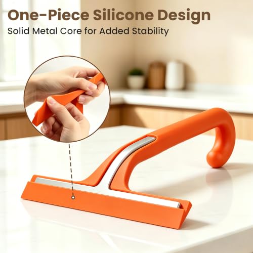 Image of 10 Inch Silicone Shower Squeegee for Glass Doors, Streak-Free, Orange | No-Squeak Silicone Blade, Ergonomic Round Grip and Built-In Hook for Quick Daily Cleaning of Shower Glass, Tile and Windows