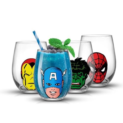 Image of JoyJolt Marvel Heroes Stemless Drinking Glasses, 19oz Superhero Cups ft Hulk Captain America Spiderman and Iron Man, Avengers Glassware Set of 4, Marvel Gifts for Men and Women