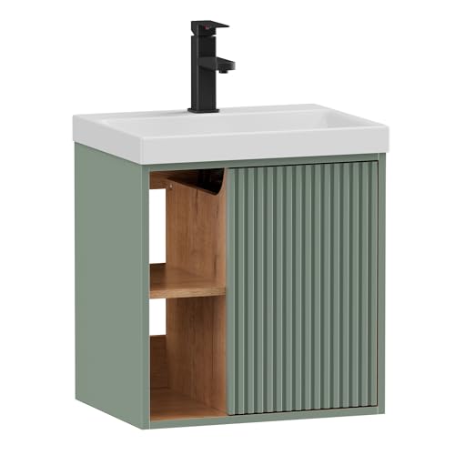 UEV Mobile Bagno con Lavabo in Resina con Rubinetto al Centro, Mobiletto Bagno Sospeso con Unico Design e Praticità, Motivo a Righe Verticali, 49 x 37 x 50 cm, Verde