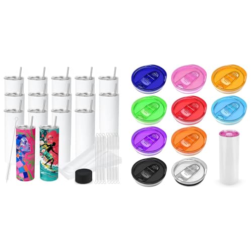 Joyclub Bundle of 16 Pack 20oz Sublimation Tumblers and 10 Pack 20 oz Skinny Tumbler Replacement Lids Fit